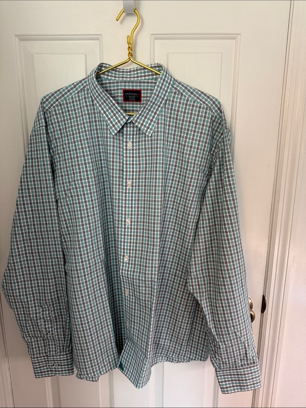 UNTUCKit Teal,Black & White Plaid Button-Down Shirt, 100% cotton wrinkle free